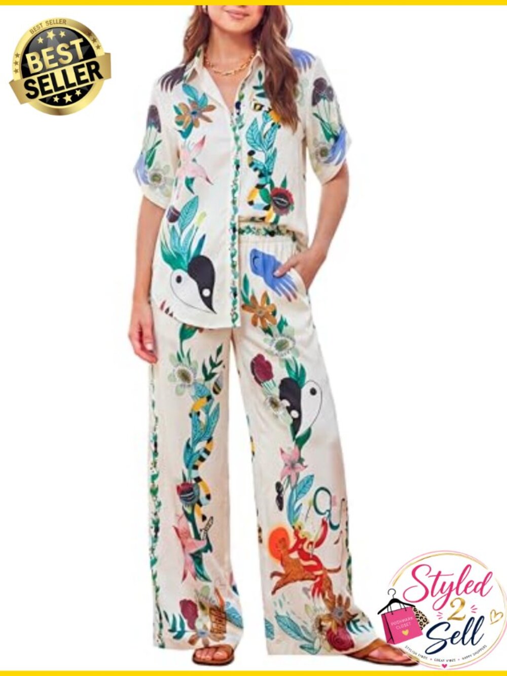 Tropical 2-Piece Set Button-Down Shirt & Wide Leg Pants